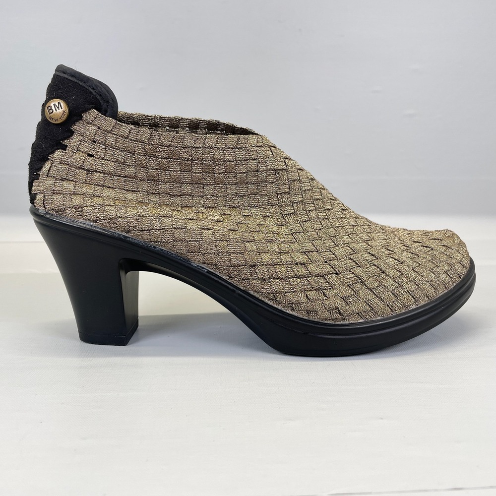 Bernie Mev Shoes Womens Size 39 US 8.5 Pewter Gold Woven Slip On Comfort Heels
